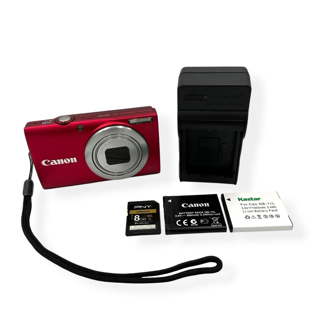 Canon PowerShot A4000 IS RED 16 MP Digital Camera 8x Zoom Charger Battery WORKS